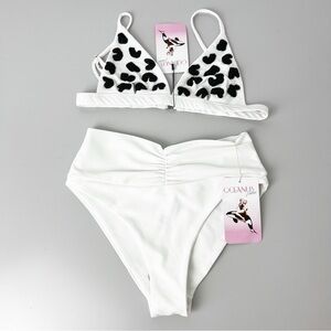 New Oceanus 2pc Bikini Swimsuit White Black Hand Beaded Print size XS